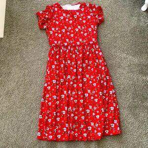 Red Floral Short-Sleeve Midi Dress